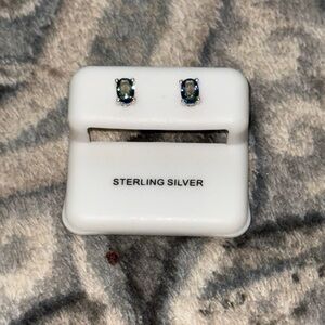 Sterling Silver Iridescent Green-Blue Oval Stud Earrings